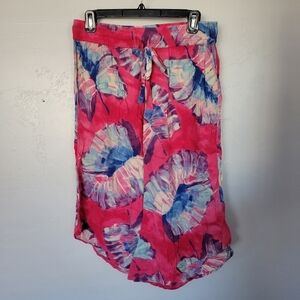 Lilka Small Cropped Pants Tropical Palm Leaf Print Bright Pink Blue Wide Leg